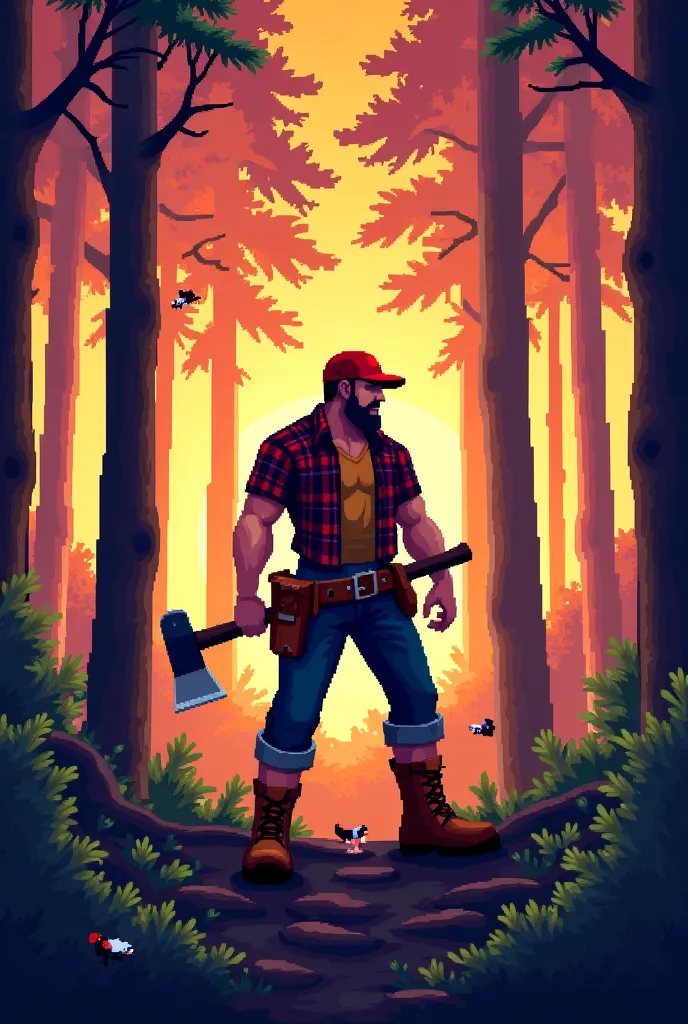 Make a pixel art of a lumberjack in the middle of the forest at sunset