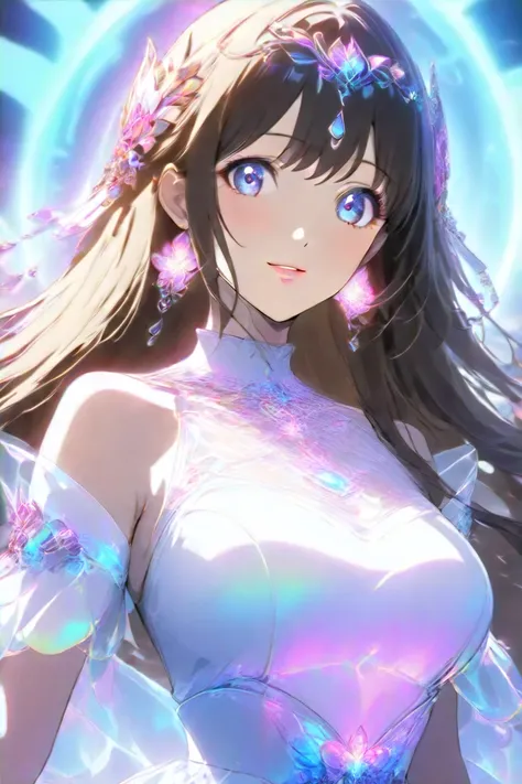 high quality　best image quality　Super Detail　Hi-Res　high quality　4k 8k white dancer 　long brown hair　  pink flower hair ornament  　 medium breasts　anime style　 open　Smiling Face