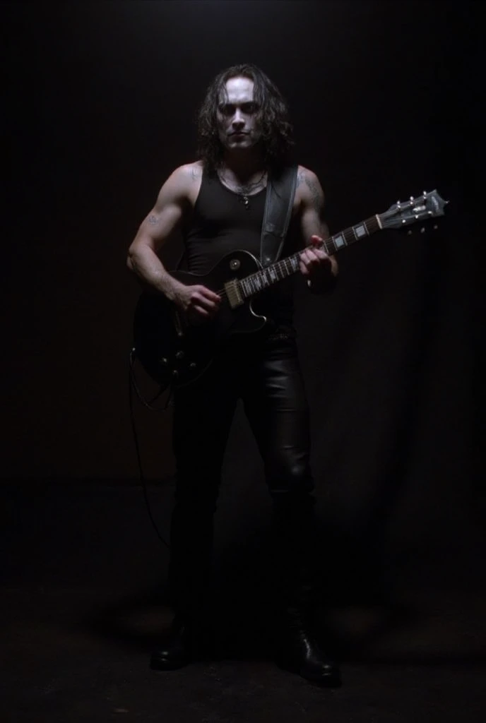 The Crow , Brandon Lee, Eric Draven , makeup hyper realistic, High detailed, wearing only leather pants, no tattooes or gloves on body, shirtless, a black guitar, standing still position , in a dark place