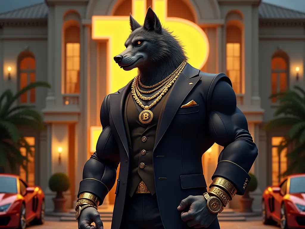 "High-resolution realistic image of a muscular werewolf (bodybuilder) wearing an elegant and well-fitted suit, with a thick gold chain around his neck, gold bracelets, and a shiny gold watch. Behind him, the Bitcoin symbol stands out prominently in the sce...