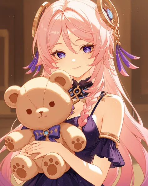 1 girl, Citlali (genshin impact), genshin impact,pink hair,wearing a dress,smile,holding a teddy bear,portrait shot,