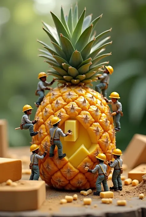 A surreal scene of mini construction workers climbing and sculpting the surface of a giant pineapple. They use helmets, jumpsuits and construction tools, like saws and hammers. The pieces of the pineapple are being cut as if they were building blocks, ENVI...