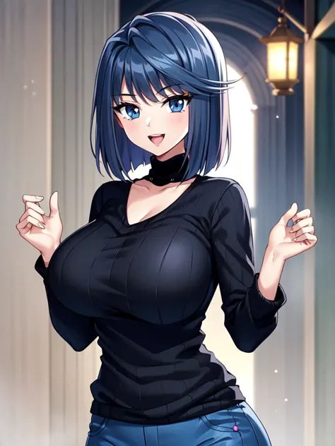  Masterpiece, 1 girl,  put your hands together , long hair, viewers next to him, smile,  half-open, open your mouth, big breasts,  Lantern, black shirt,  Long Sleeve, loose shirt, pink eye, clavicle, ,  blue pants, ((( black sweater ))),, hair over shoulde...