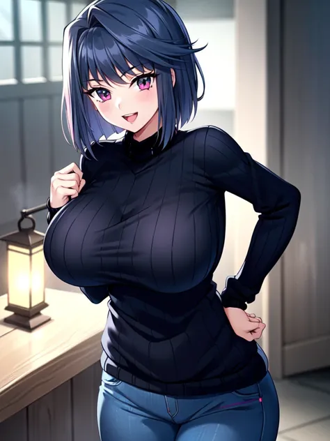  Masterpiece, 1 girl,  put your hands together , long hair, viewers next to him, smile,  half-open, open your mouth, big breasts,  Lantern, black shirt,  Long Sleeve, loose shirt, pink eye, clavicle, ,  blue pants, ((( black sweater ))),, hair over shoulde...