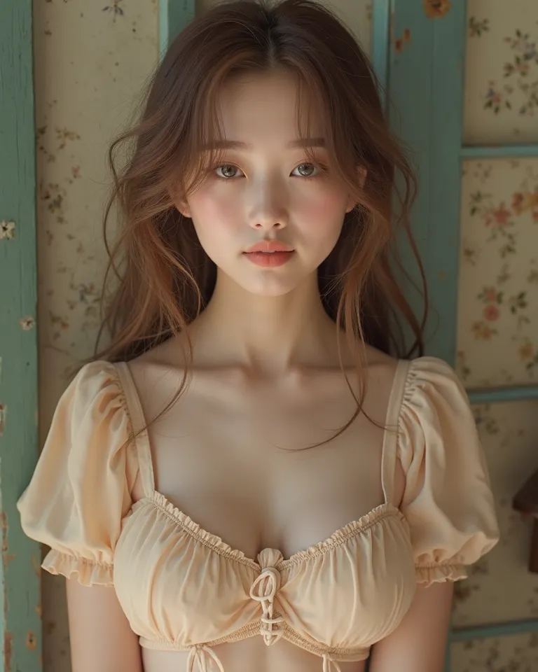    live action， Lolita， feminine ，，Petite， slightly ornate ，Small face， very baby face，very young face ，round face，Light-pigmented white skin ，Very pale ，Healing， gentle expression，Fleeting，Smiling，Big Breasts， Low，Super Mario outfit with no eyesight ，see-...