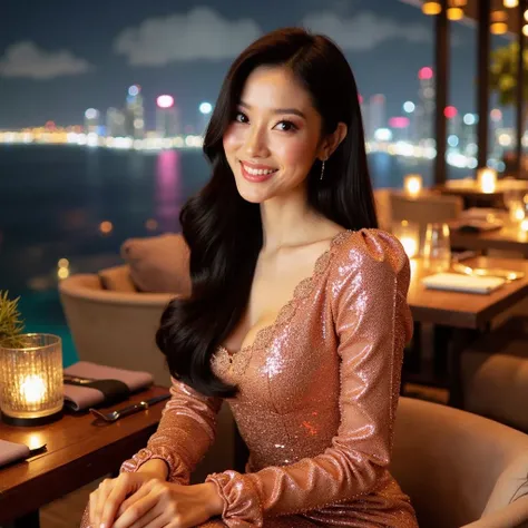 A beautiful Asian woman with long black hair, resembling the reference image, sitting elegantly at a luxurious rooftop restaurant overlooking the ocean at night. She wears a stunning, modest rose gold shimmering gown with long sleeves and a high neckline, ...