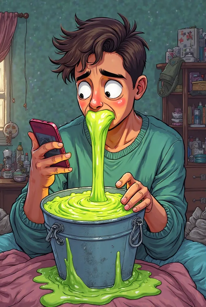 a american person eating green slop out of a bucket while using his phone in a bedroom (no american flags)  in a cartoony style