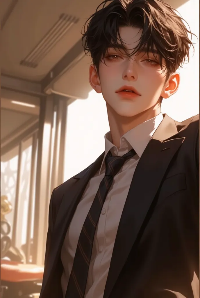 bad，  black hair， Fitness，   toast，Head perspective  ，find，   Korean Comic Style   ，  depressing， young, good condition ，  very handsome  脸瓜子脸， wet hairstyle   ， dark brown hair, Attractive brown eyes   ，   very handsome  , black suit shirt,  Enquiry,  wit...