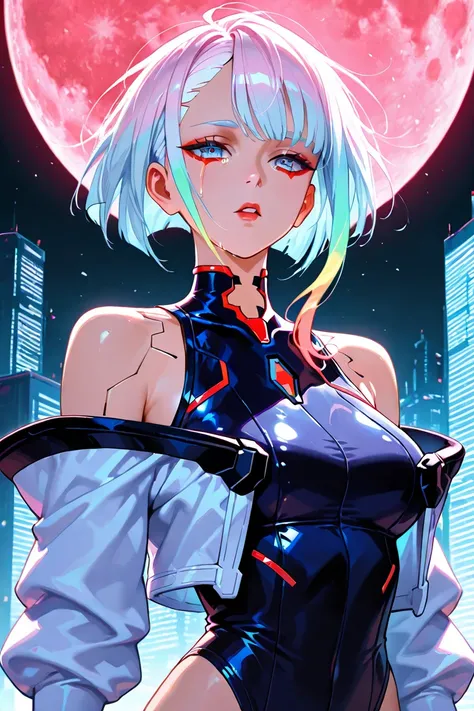 cyberpunk edgerunners, 1girl, lucy  cyberpunk, bare shoulders, blue eyes, breasts, leotard, looking at viewer, medium breasts, off-shoulder jacket, off shoulder, red eyeliner, short hair, sleeveless turtleneck leotard, solo, turtleneck leotard, white hair,...