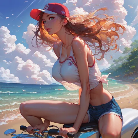 Solo, perfect detailed body, detailed eyes, 
pretty brunette riding a moped down the street at the beach, speeding, riding towards viewer, hair blowing in the wind, wearing short shorts, halter top, baseball cap, large breasts,