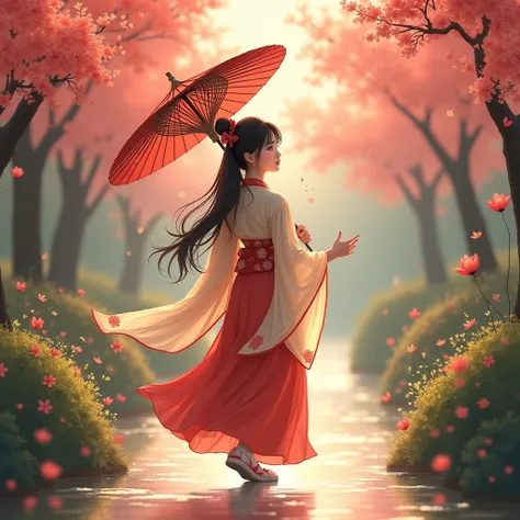  anime style, warm lighting and delicate abstract design {x} A beautiful Chinese girl in vibrant traditional Chinese clothes is walking through the garden, 伝統的な中国の傘を持っている,  High Quality Masterpieces , soft, holding a traditional Chinese umbrella, multicolo...