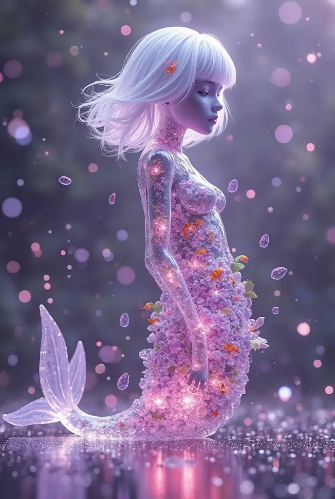 Glowing purple atmosphere, full-length glass mermaid, white bob hairstyle, revealing a complex inner ecosystem, with miniature colorful fish inside, figure that blur the line between surreal nature and organic growth, against dreamy bokeh, evoking an ether...