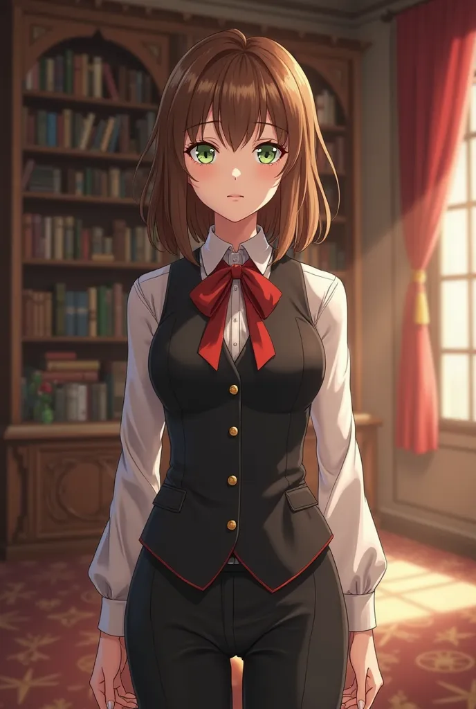 "4K anime style quality, digital drawing mode, a kind and intelligent half-elf advisor with shoulder-length brown hair, gentle green eyes, wearing a professional yet elegant guild uniform with a black vest and pants, standing inside the Orario Guild Hall w...