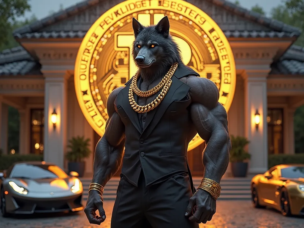 "High-resolution realistic image of a muscular werewolf (bodybuilder) wearing an elegant and well-fitted suit, with a thick gold chain around his neck, gold bracelets, and a shiny gold watch. Behind him, the Bitcoin symbol stands out prominently in the sce...