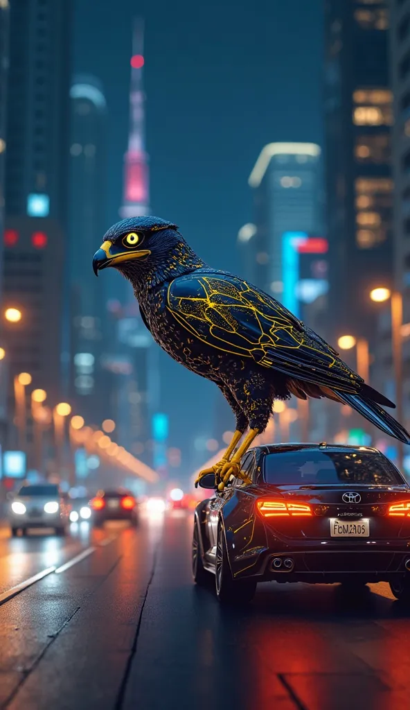 Create a futuristic and sharp falcon mascot representing the AI in a city like Dubai full of buildings on a busy avenue full of cars at night and the buildings all illuminated  , It represents the application of solar films window film. The mascot must hav...