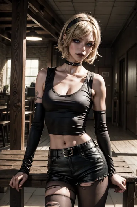 lora_Emma, jinx,1 girl, short blond hair, very skinny, tall, punk, small breast, leaning against wooden table, (leather micro hotpants), two belts, ((oversized V-neck cotton t-shirt)), (torn pantyhose), plastic headband, (cotton lower arm sleeves), shy, ti...