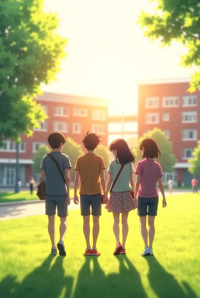 The camera pans to one of the high schools, the soft sunlight hitting the lawn, the sound of birds, the sound of ren laughing in the background.

Group of 4-5 friends walking together, laughing, talking, having fun while attending anime school