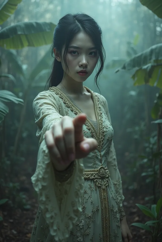 A young Thai woman in a lavish dress adorned with an antique Thai bird motif. Her appearance is characterized by pale skin and deep dark circles under her eyes. She stands amidst a dark banana garden covered in multicolored smoke. Her gigantic index finger...