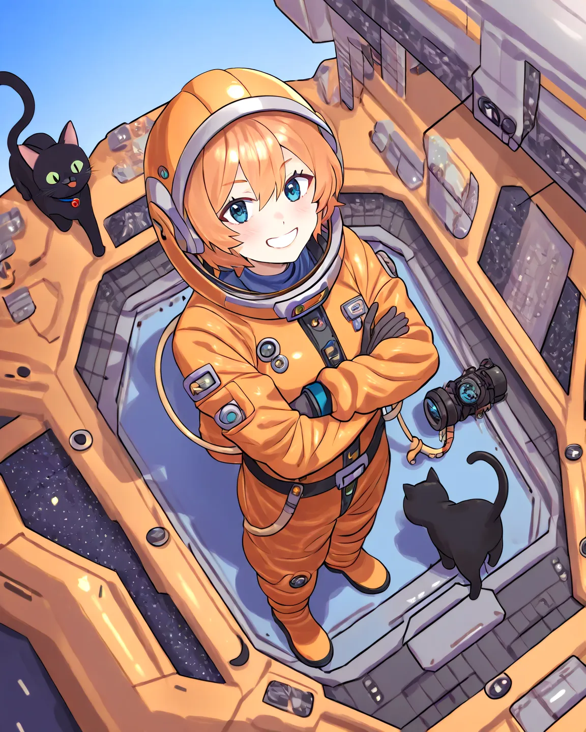 (1 standing anime black cat), casual kindness, smile, arm-crossed, standing, from above, orange spacesuit, SF monocular, SF, Wind, blue sky, masterpiece, Best Quality