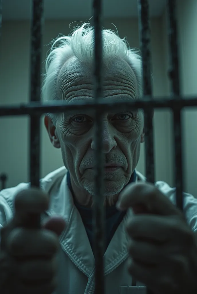 dancing,  8K Ultra HD,a man with pale skin and white hair and staring with a dark look through a cell and wearing a psychiatric hospital uniform 