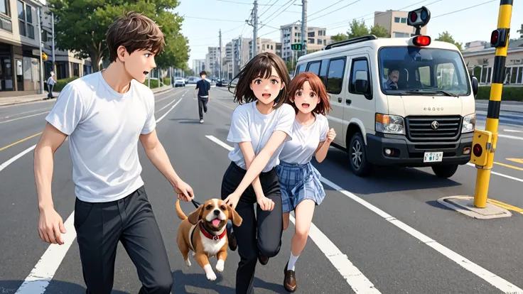 A boy gets hit by a car、scene of the accident、Only one boy and a girl are shown、pedestrian crossing with good timing、A brown puppy is jumping out of a pedestrian crossing、only 2 boys and 2 girls are on target、The boy and girl are both high school students ...