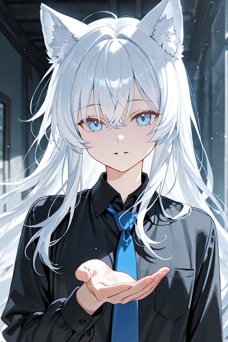  White hair, long hair, wolf hair, black shirt, blue necktie, male face, light blue eyes, feel free to wear white hands