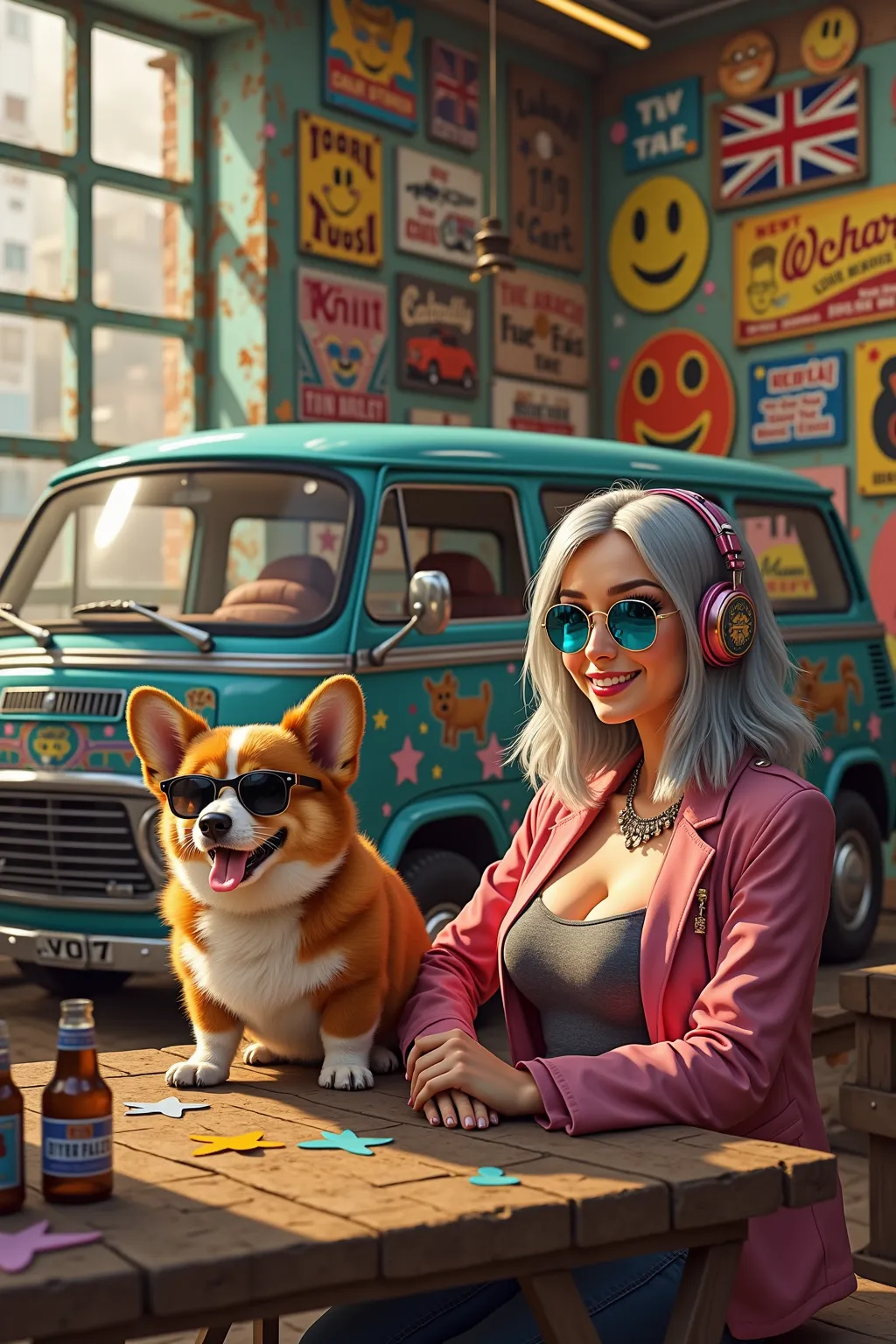  orange gradient background 、 There are lots of old American car posters and smiley posters on the walls of the old rusty art studio 、Rasta Colored Old Mini Cooper Van、 Flashy, Hardline , And a picture of a flower fairy that's cool on the body 、
  stick ou...