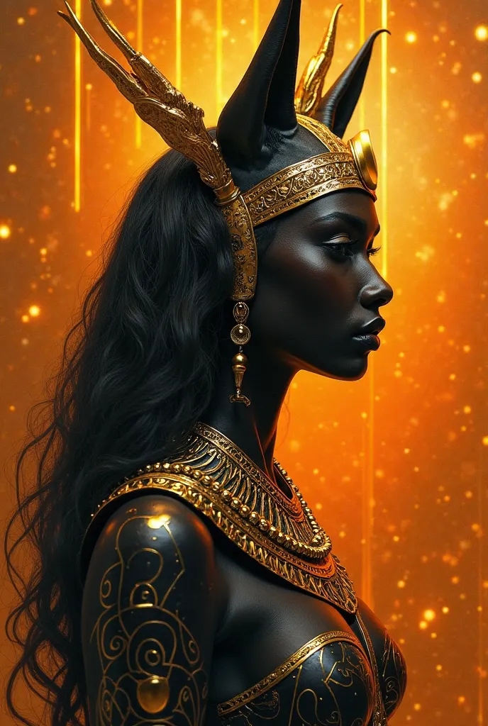 hyperrealistic, Dark фон, illustration by Jay Anacleto and Gil Alvgren ((Full size)) in the style of Carol Buck,  Futuristic , an unusual image of a female character The Egyptian deity Anubis is the god of mummification and the guide of souls to the underw...