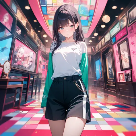 nsfw、mosaic,best quality, very aesthetic, ultra-detailed, best illustration、cute elementary school girl raising her mouth、Young 、Indoor、 dark照明、Japanese、From the shoulders up、 dark茶色の髪、Slightly Sad Expression、A casual three-quarter sleeve sweatshirt with b...