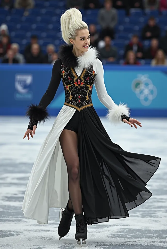 The dress for a girl in figure skating, thematically:  Cruella de Vil 