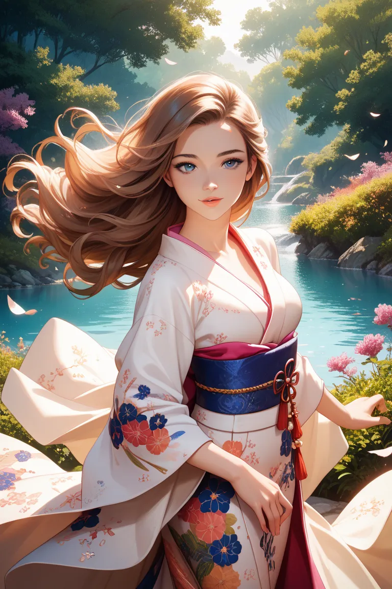  brown-haired girls、Long hair blowing in the wind、 and is wearing a kimono、