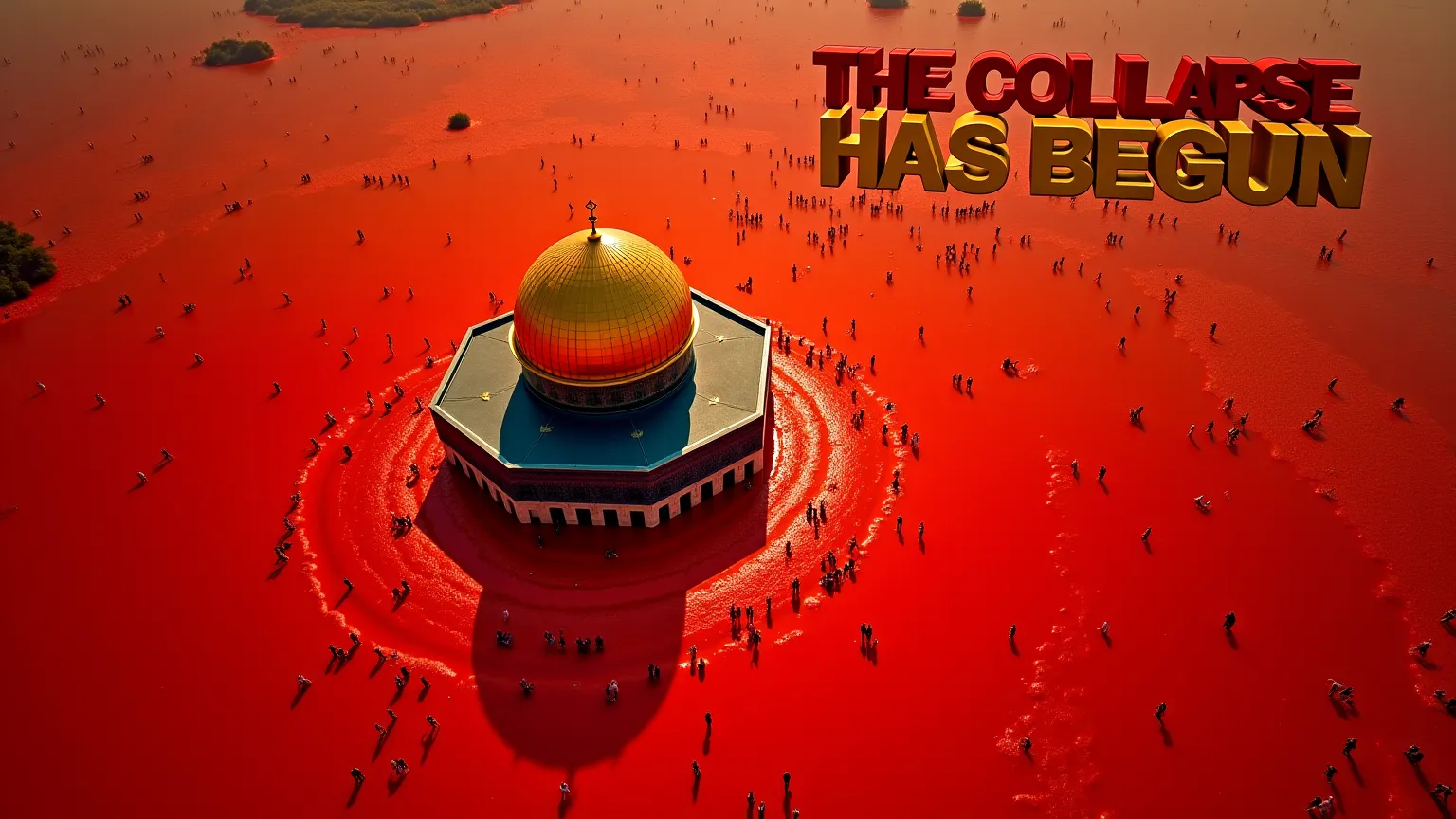 "An aerial view of the Dome of the Rock in Jerusalem, surrounded by a surreal flood of a deep red, blood-like liquid. The scene has an apocalyptic tone, with hundreds of people scattered around the area, some walking and others appearing panicked. The ligh...