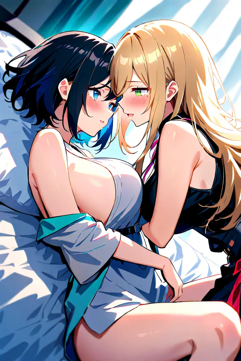 2 women（ character for V21（long hair、blonde hair、Big Breasts、 green eyes、Fleeting、A pair of ribbons on the left and right））、（ character for V2２（short hair、 black hair、 small tits、 blue eyes、Rin々Shii、Compassion））、 bed、sleep、Aftertaste、 disheveled clothes、 a...