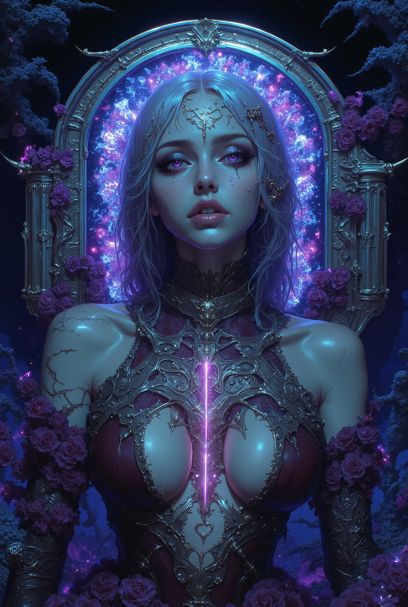 iridescent eyes, scary and sexy detailed art in color, Portrait, (beautiful and obscene female alien:1.4), (vulgarity1.7), (Translucent white skin:1.4), (There is a female genital-like organ in the middle of the forehead:2.3), (The most beautiful face in t...