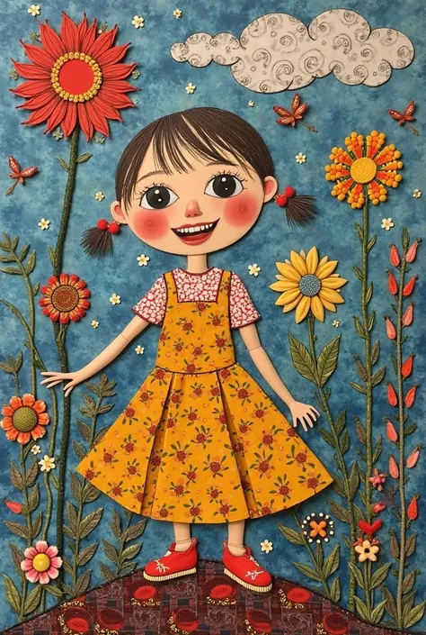 Whimsical folk art textile collage.