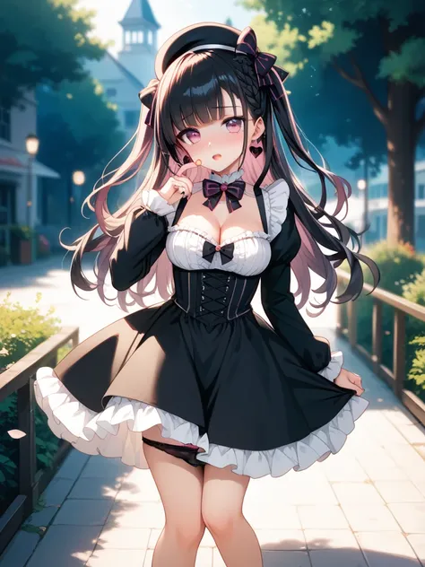 long hair,blush,looking at viewer,open mouth,bangs,black hair,eyebrows visible through hair,dress,ribbon,long sleeves,bow,very long hair,purple eyes,standing,hair bow,frills,outdoors,day,black dress,blurry,two side up,tree,sleeves past wrists,black bow,dep...