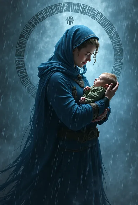 Cover with Astrid holding a baby shrouded in a storm, with Greek and Norse runes in the background.Create a cover with Astrid holding a baby wrapped in a storm, with Greek and Norse runes in the background. And the title of the book is Stormborn: The Lies ...