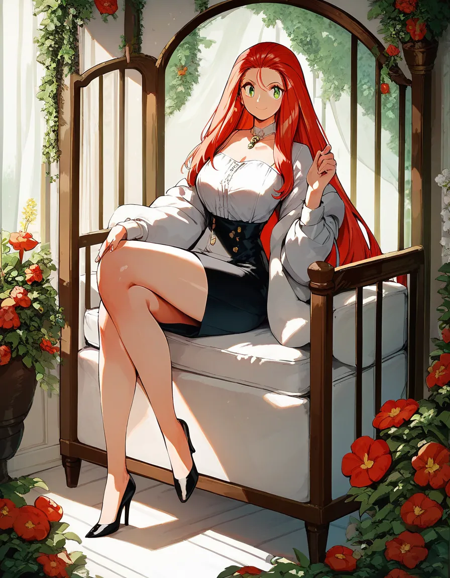 1 woman 37 years old, long hair , green eyes, red hair,, dressed in a crib shirt decorated with flowers , knee-length black skirt , ,very elegant, sitting on a sofa black heels , smiling 