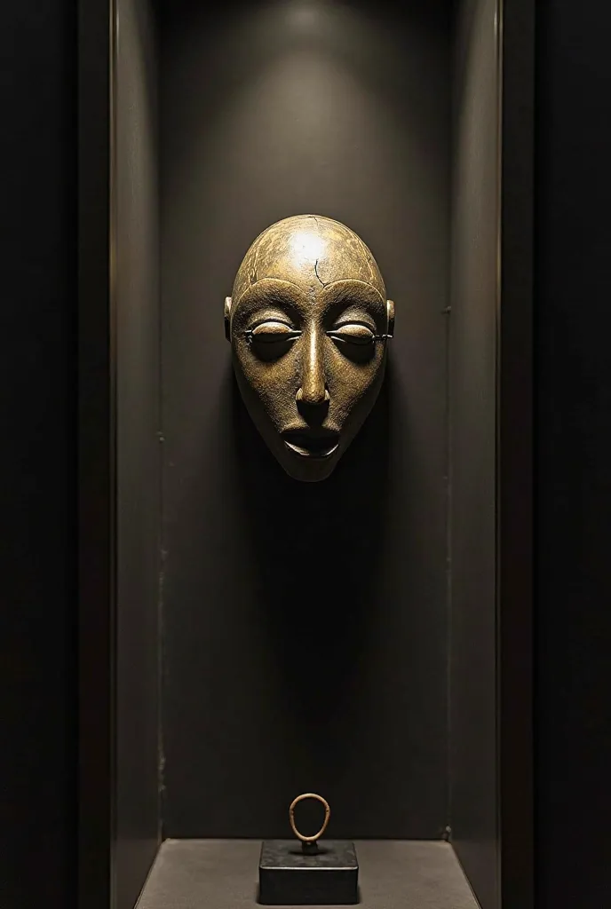 Faceless mask of Benin. an old one, smooth bronze mask without facial features floats ominously in a dark display case
