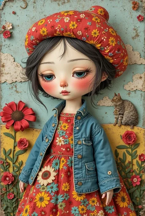 Whimsical folk art textile collage. 3D 