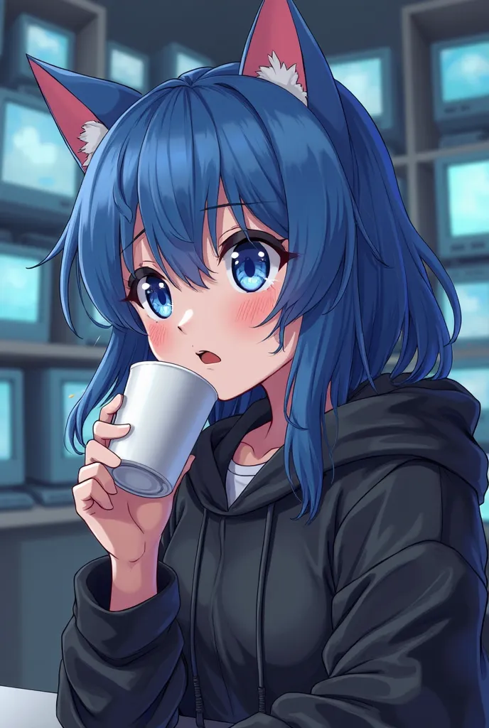 beautiful anime girl, playstation 1 game style, blue hair, blue eyes, holds a cup in his hand, drinks from a cup, square cup, lots of computers in the background, dark hoodie, looks at the screen in surprise, holds the cup in one hand, cat ears made of hai...