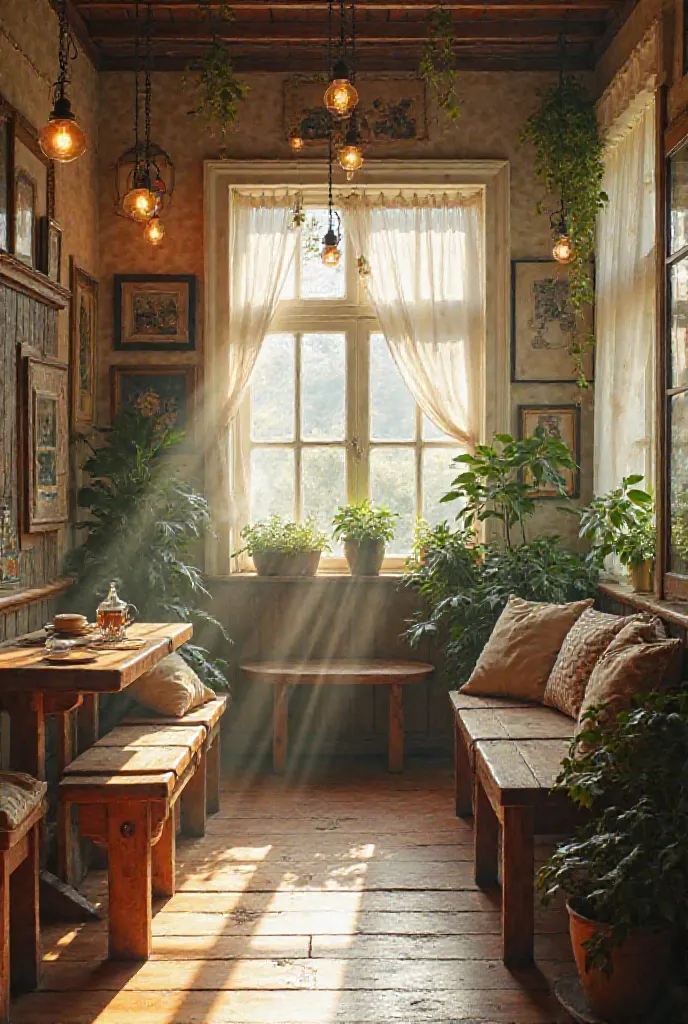 What is the atmosphere of the image、Very warm、Images created with the following features that give a sense of calm and natural charm

Warm sunlight：Soft light coming in from the window、Comfortably enveloping the space。

Natural texture：Wooden floors and ta...