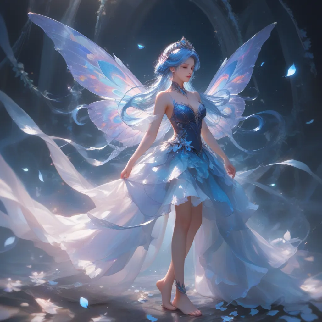 Lyria is a delicate yet mesmerizing fairy, standing barely over two feet tall with iridescent wings that shimmer between violet, silver, and deep sapphire depending on the light. Her long, wavy midnight-blue hair cascades down her back, speckled with tiny ...