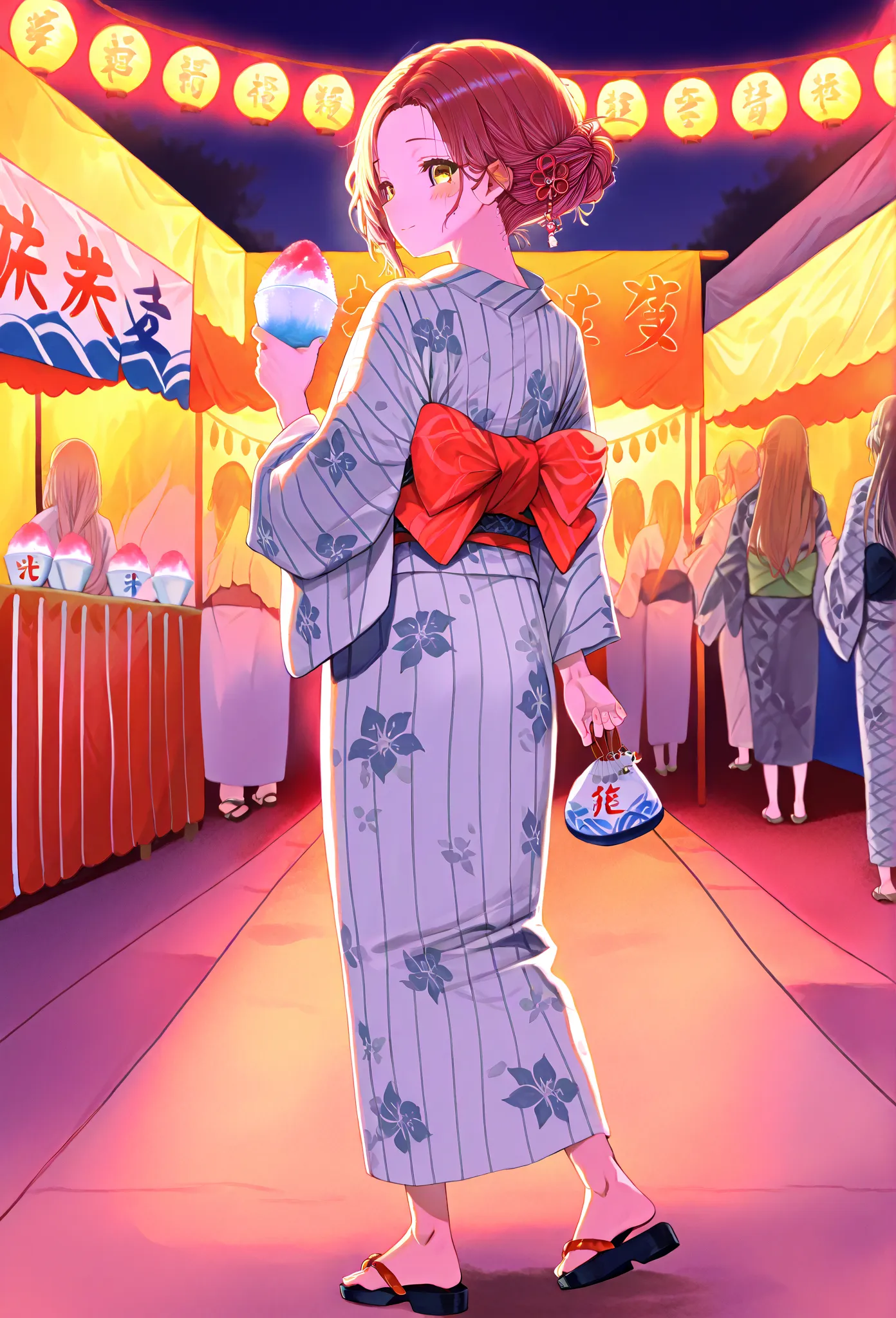    young  , Nape,yukata,stall,Sandals,fair,holding food,Shaved Ice,Put the fan in the obi