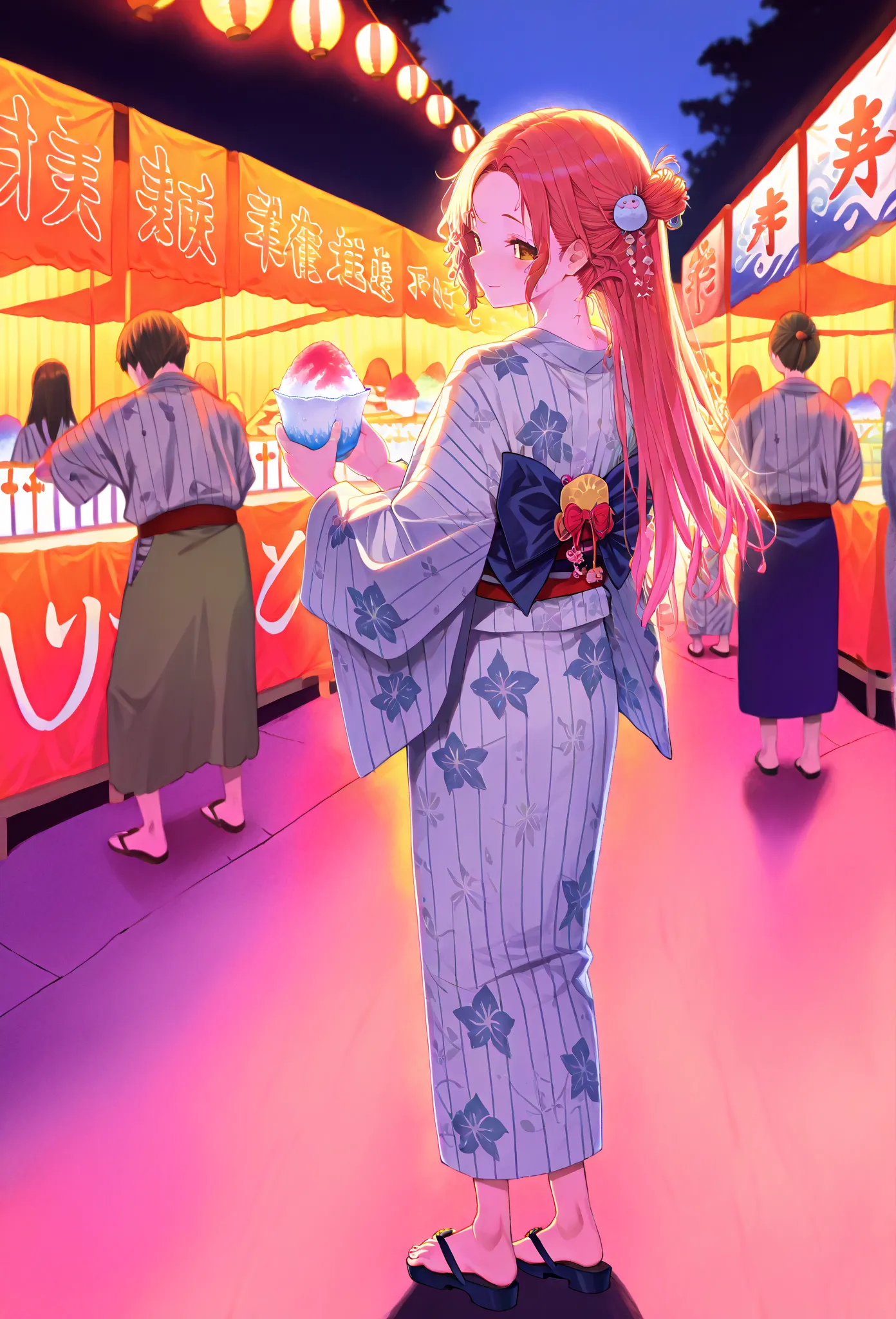    young  , Nape,yukata,stall,Sandals,fair,holding food,Shaved Ice,Put the fan in the obi