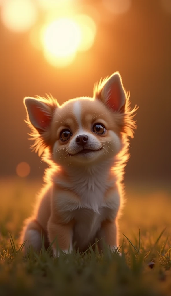 A small dog with perked ears, looking up with hopeful eyes, hearing a familiar whistle in the distance, golden sunset in the background, cinematic shot, ultra-realistic, highly detailed fur texture, emotional moment, 4K quality.
