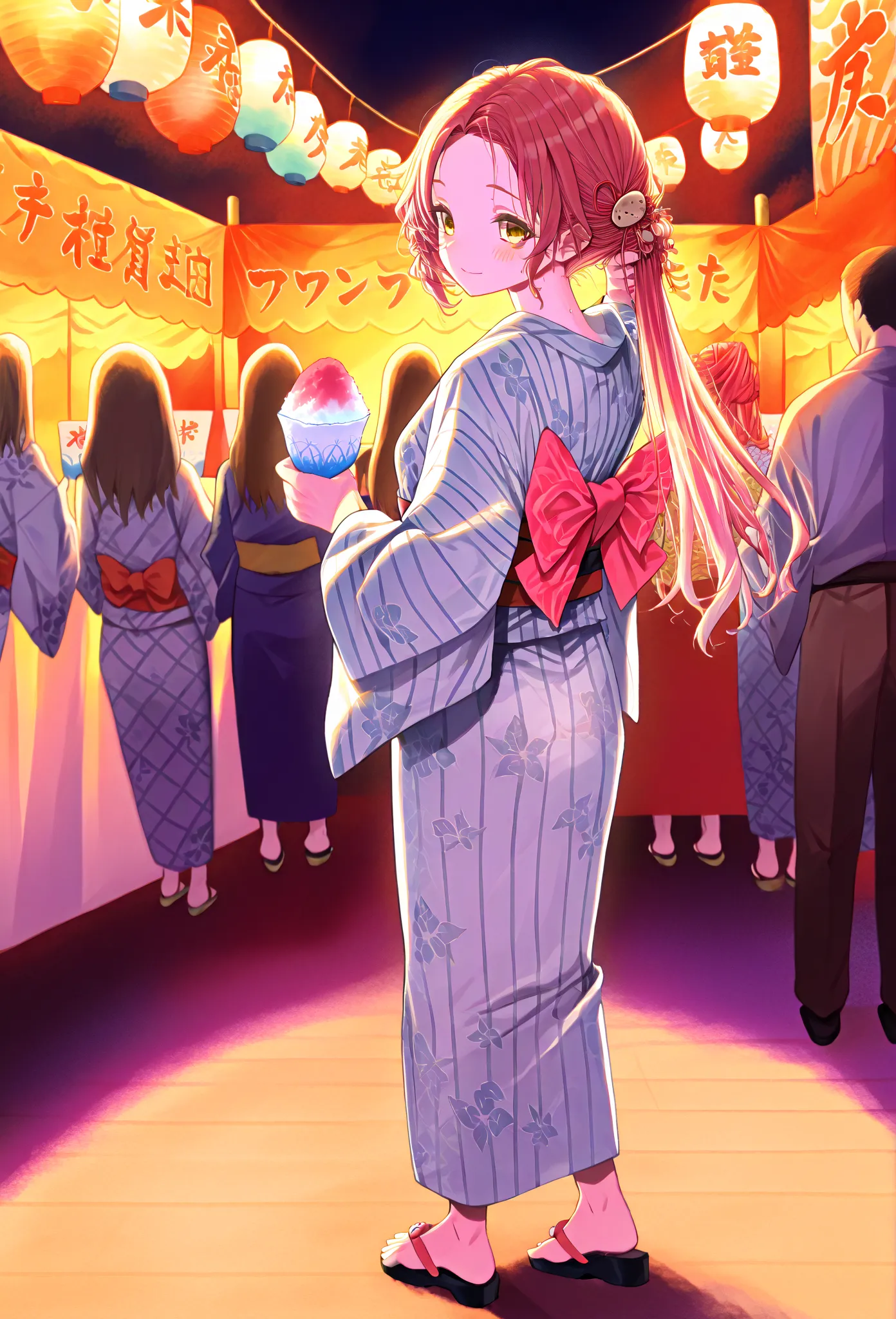    young  , Nape,yukata,stall,Sandals,fair,holding food,Shaved Ice,Put the fan in the obi