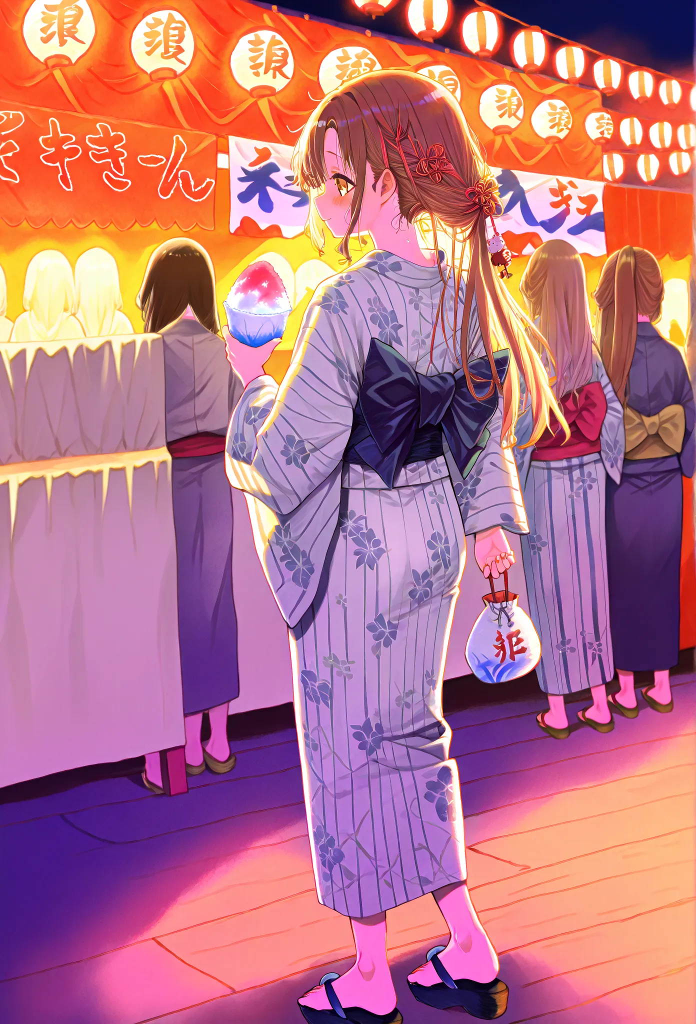    young  , Nape,yukata,stall,Sandals,fair,holding food,Shaved Ice,Put the fan in the obi