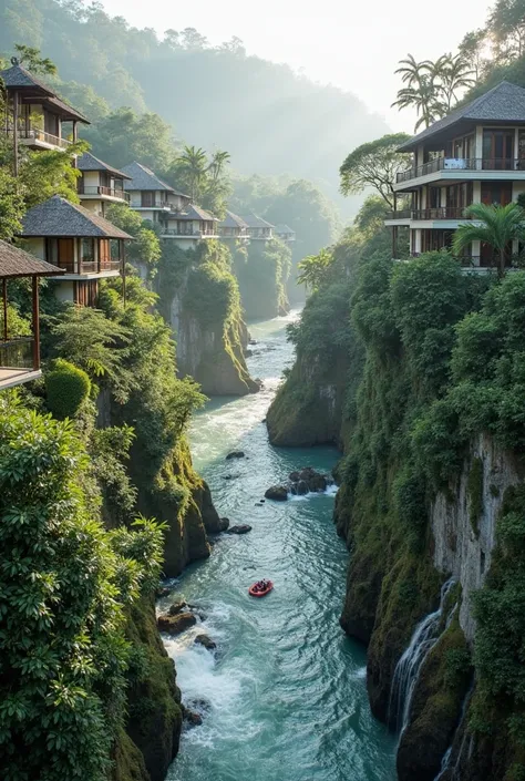 A luxurious honeymoon resort in Bali with elegant private villas cascading down a lush hillside. Each villa features its own infinity pool that seems to merge with the powerful river below. The architecture blends traditional Balinese elements with modern ...