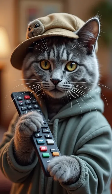 Image rich in detail and ultra realistic quality of a gray cat at home holding a TV control on its paw, He wears clothes and cap, color of the image is clear and sharp 